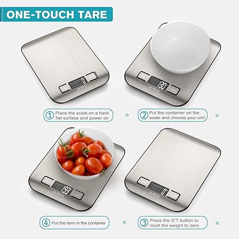 Ultrean Digital Food Scale, High Precision Kitchen Scale, Measures in Grams and Ounces for Cooking and Baking, 5 Units with Tare Function, Stainless Surface (Batteries Included) - Silver