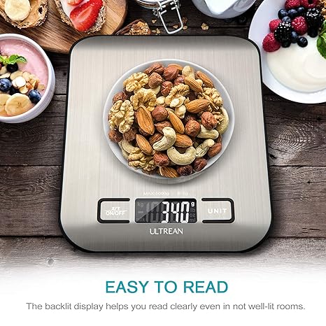 Ultrean Digital Food Scale, High Precision Kitchen Scale, Measures in Grams and Ounces for Cooking and Baking, 5 Units with Tare Function, Stainless Surface (Batteries Included) - Silver